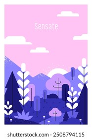 Landscape poster, evening nature with sunset over mountains and trees. Peaceful countryside scenery, calm serene rural environment, twilight. Vertical framed background, card. Flat vector illustration
