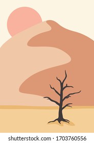 Landschaftsplakat mit alten Bäumen in der Wüste. Abstrakte Berge. Konzept Sonnenuntergang Hintergrund. Vektorillustration.