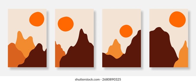 Cartel del paisaje y conjunto de fondo de arte de pared. Diseño de montaña y sol en tonos tierra. Adecuado para el arte de la pared, impresión y decoración de interiores. Ilustración vectorial