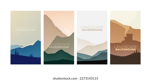 Landscape poster wallpaper background collection. Mountains with sky outdoor silhouette scenery illustration. Vector flat illustration