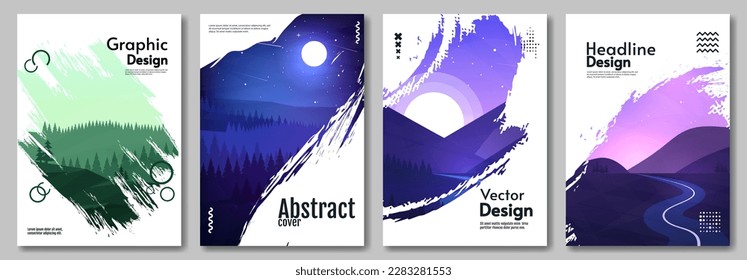 Afiches paisajísticos con superposición de pincel. Diseño de portada, afiche, invitación.