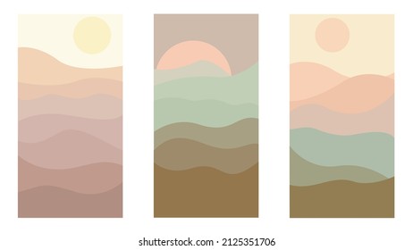landscape posters collection with mountains view sunrise pastel colors