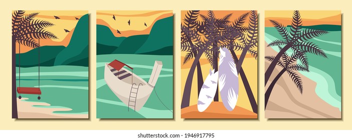 Landschaftspopster. Strand, Gebirge, Ozean, Boot, Palmen, Surfbrett. Vektorgrafik.