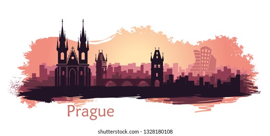 Landscape of Prague with sights. Abstract skyline sunset view with spots and splashes of paint