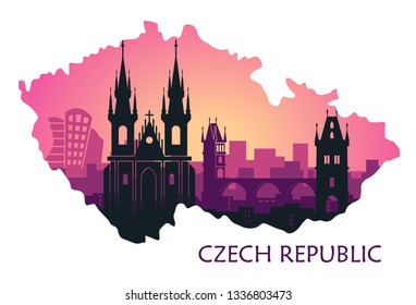 Landscape of Prague with sights. Abstract skyline sunset view in the form of a map of the Czech Republic