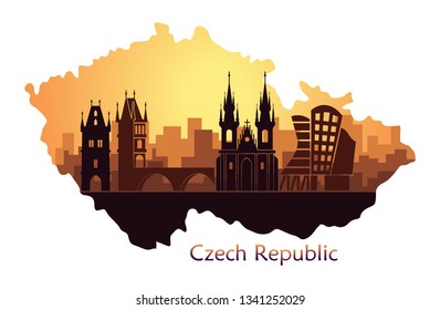 Landscape of Prague with sights. Abstract skyline sunset view in the form of a map of the Czech Republic