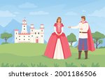 Landscape with prince and princess. Cartoon fairytale castle and character. Fantasy magical kingdom, medieval european vector background. King and queen european, kingdom fortress outdoor illustration