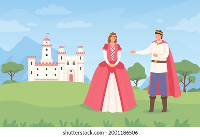 Landscape with prince and princess. Cartoon fairytale castle and character. Fantasy magical kingdom, medieval european vector background. King and queen european, kingdom fortress outdoor illustration