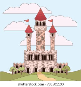 landscape with princesses castle and sky with clouds in colorful silhouette
