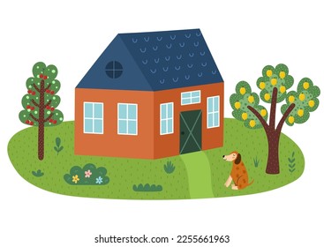 Landscape print in cartoon style with cute dog, house and trees. Summer green meadow isolated on white. Outdoor garden background. Vector illustration