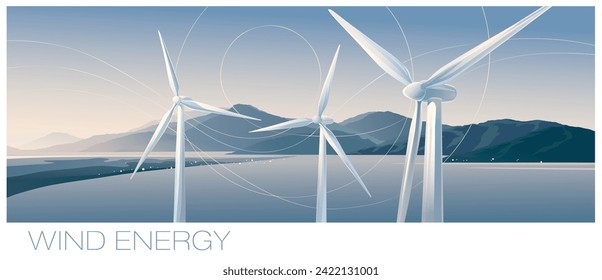 Landscape with propellers generating electricity from wind (wind turbines) in the foreground, and the sea coast in the background.