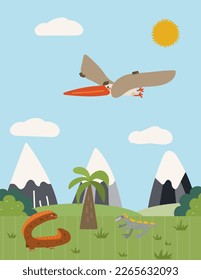 paisaje con pterodáctilo, dinosaurios y montañas,fondo vectorial