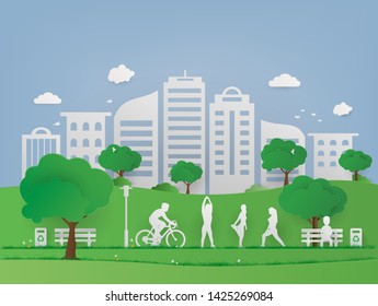 Landscape public park in urban cityscape. Green grass and tree with eco friendly. Nature green city.
