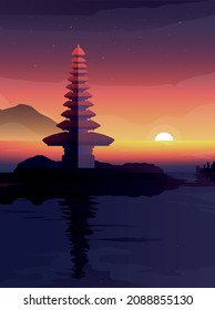 landscape of Pura Danu Bratan in Bali with sunset background