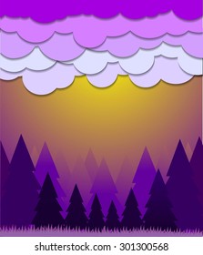 landscape in purple color. mysterious, fabulous purple forest, spurple sky and clouds,