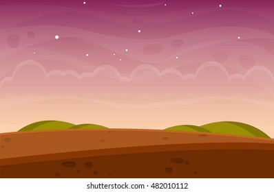Landscape with purple sky. Vector illustration, eps10. Nature landscape night background with desert and green mountains far away.