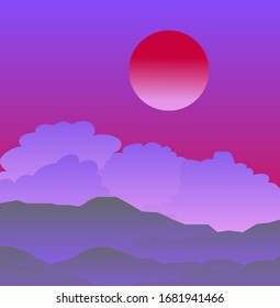 Landscape with purple sunset above the mountains or hills. Minimalist vector illustration in retro vaporwave style, aesthetics of 90s.