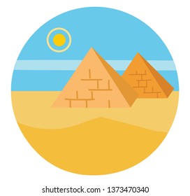The landscape of pyramids whose outer surfaces are triangular and that converge to a single point at the top and the rising sun in Egypt vector color drawing or illustration 