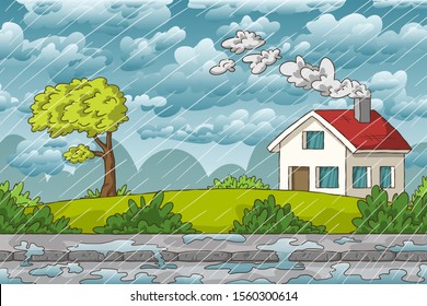 Landscape in rain. Hand drawn vector illustration with separate layers.