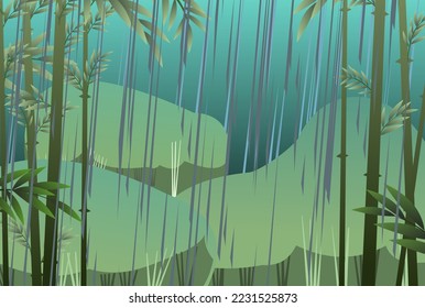 Landscape with rain weather. Summer rain in jungle overgrowth and bamboo grove. Jets of water pour from the sky. Cartoon fun style. Flat design. Vector.