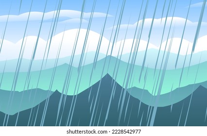 Landscape with rain weather. Summer rain in mountains. Rocks and cliffs in the distance. Jets of water pour from the sky. Cartoon fun style. Flat design. Vector.