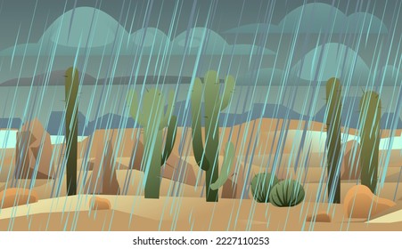 Landscape with rain weather. Summer rain in rocks desert dusk. Cactuses and thorns. Jets of water pour from the sky. Cartoon fun style. Flat design. Vector.