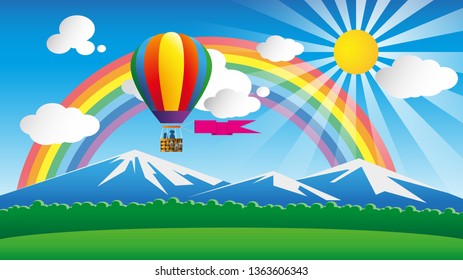 Landscape with a rainbow and a balloon. Balloon with a developing banner flies against the background of clouds, distant mountains and a rainbow. Illustration, vector. EPS-10.