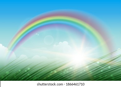 Landscape with rainbow in blue sky green grass and sunburst. Vector illustration.