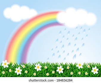Landscape with a rainbow and camomiles. Vector illustration.