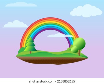 Paisaje con nubes arco iris y naturaleza veraniega verde, arcoiris en el cielo azul. Ilustración de un árbol con hierba en un campo en una colina. El diseño Art y ambiental. Vector.