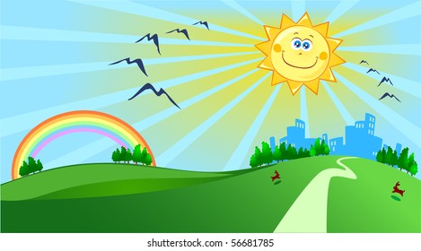 Landscape with rainbow and cute smiling sun, vector