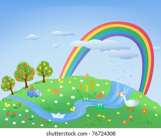 landscape with rainbow, river and meadow