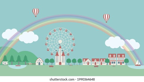 A landscape with a rainbow sky and a Ferris wheel. House and inhabitants 