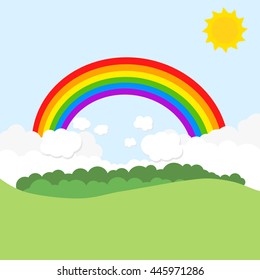 Landscape with rainbow and sun. Vector illustration