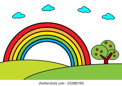 Landscape with rainbow and tree -Vector cartoon illustration