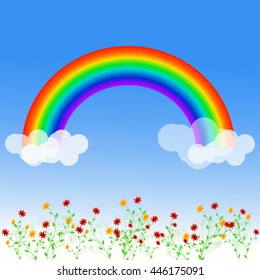 Landscape With Rainbow , Vector Illustration