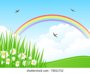 Landscape with a Rainbow. Vector illustration.