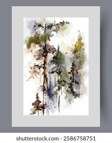 Landscape with rainforest with tall coniferous trees and gloomy splashes for apartment interior design. Watercolor rainforest poster for illustrations of literature about hiking and outdoor adventures