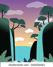 Landscape of a rainforest, waterfalls falling from opposite slopes against the background of the sea, sky, clouds, and dawn.
