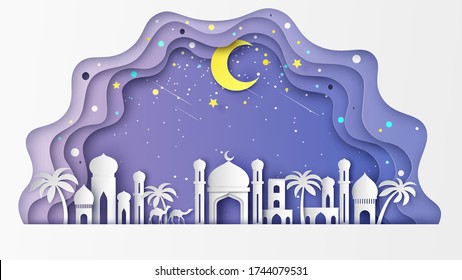 Landscape in Ramadan Kareem festival. Mosque in the desert city and the crescent moon with stars are shining beautiful on the sky at night. paper cut and craft style. vector, illustration.