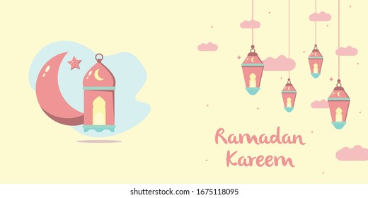 Landscape Ramadan Kareem flat illustration vector design with lanterns, moon, and cloud. Can be used for poster, banner, greeting card, invitation card, background, wallpaper.