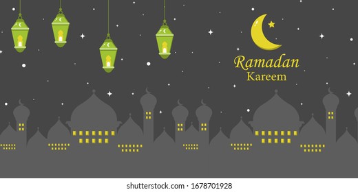 Landscape Ramadan Kareem flat illustration vector design in the night with mosque, lanterns, moon, and stars. Can be used for poster, banner, greeting card, invitation card, background, wallpaper.