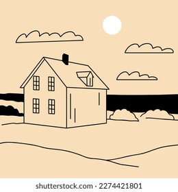 Landscape. Ranch, house in the mountain, farm, meadow, house, tree, road, mountain. Hand drawn vector illustration. Minimalistic panoramic study of the countryside. Icon, logo, print, poster templates