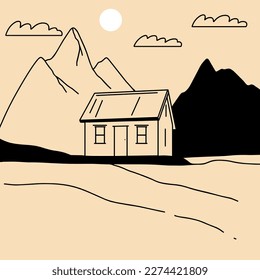 Landscape. Ranch, house in the mountain, farm, meadow, house, tree, road, mountain. Hand drawn vector illustration. Minimalistic panoramic study of the countryside. Icon, logo, print, poster templates