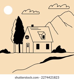 Landscape. Ranch, house in the mountain, farm, meadow, house, tree, road, mountain. Hand drawn vector illustration. Minimalistic panoramic study of the countryside. Icon, logo, print, poster templates