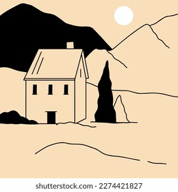 Landscape. Ranch, house in the mountain, farm, meadow, house, tree, road, mountain. Hand drawn vector illustration. Minimalistic panoramic study of the countryside. Icon, logo, print, poster templates