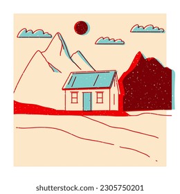 Paisaje. Rancho, casa en la montaña, granja, prado, casa, árbol, camino, montaña. Ilustración vectorial dibujada a mano. Colorido efecto de impresión de pantalla linda. Efecto de impresión Riso. Icono, logotipo, impresión, afiche 