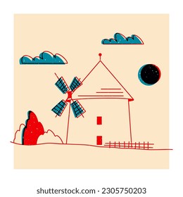 Landscape. Ranch, house in the mountain, farm, meadow, house, tree, road, mountain. Hand drawn vector illustration. Colorful cute screen printing effect. Riso print effect. Icon, logo, print, poster 