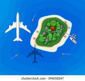 The landscape for recreation. Top view of the island paradise from helicopter seascapes. isle for vacation. Maritime hotel for relaxation. Travel  Leisure. Marine map with cities