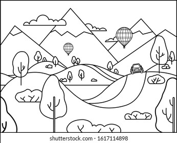 landscape with a red car, hot air balloon and mountains for coloring book page; The car rides along the road in the hills, against the backdrop of mountains and a lake.